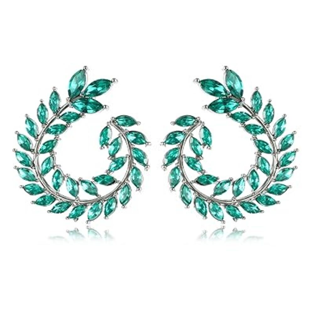 Crystal Leaves Hoop Drop Swirl Earrings Emerald Green New